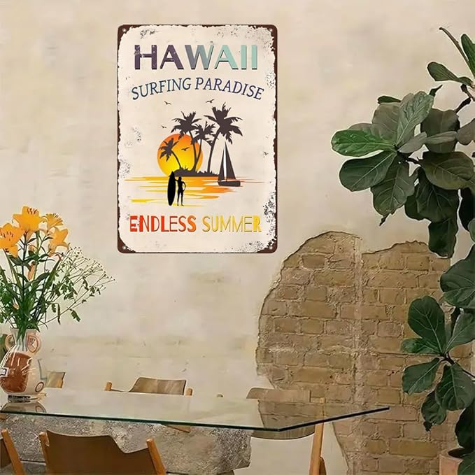 Hawaii Surfing Paradise Endless Summer Vintage Metal Sign,Summer Beach Decor Rustic Tin Signs Metal Poster for Garden Home Farm Bars Cafes Indoor Outdoor Decor 8x12 Inches