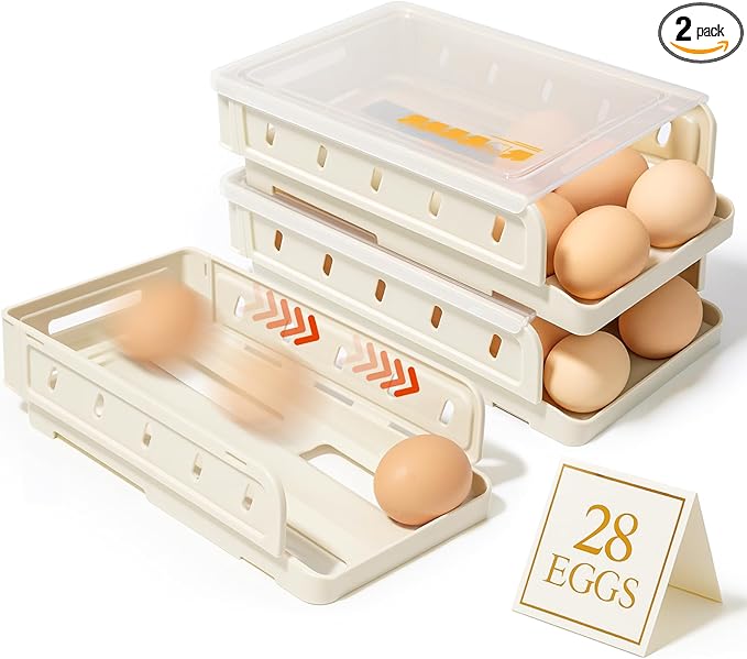 Automatic Rolling Egg Holder for Refrigerator, 2-Pack Stackable Egg Storage Containers, Smooth Glide Track, Steady Base & Dishwasher Safe