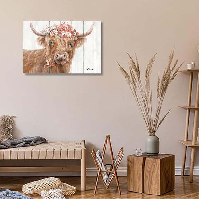 Yidepot Highland Cow Decor for Farmhouse: Retro Scottish Calf pictures hold Flowers Inspirational Quote Canvas Wall Art for boy's bedroom Kitchen Framed Ready to Hang Size 16"x24"