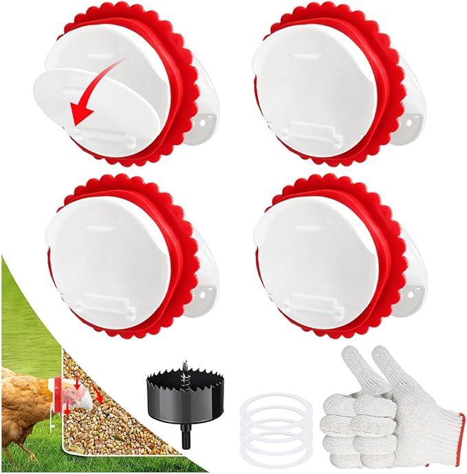 Chicken Feeder No Waste, DIY Automatic Poultry Feeder Ports with Hole Saw & Gloves, Durable Rain Proof Poultry Feeder Port for Buckets, Barrels, Bins and Troughs