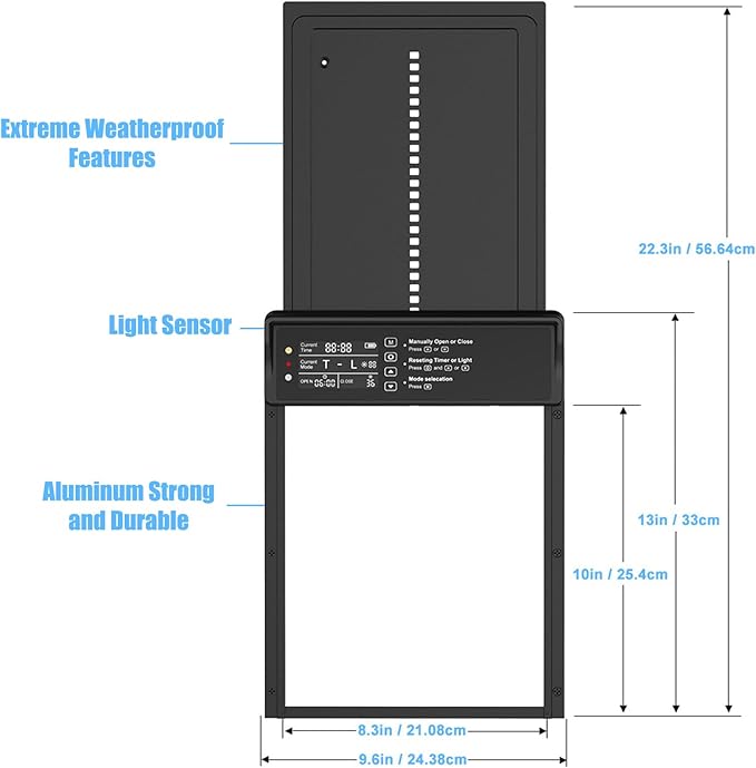 Automatic Chicken Coop Door Solar Powered, Third-Generation Upgraded, Aluminum Alloy | Light Sensor & Timer | Anti-Pinch | LCD Dsipiay | Remote Control | Low Battery Reminder | Alarm Mode