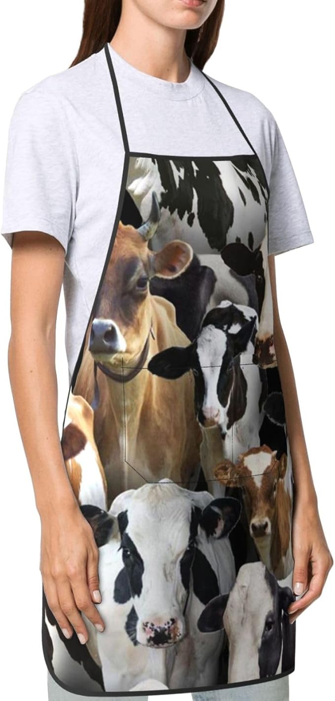 Apron for Women Men, Adjustable with Pocket Washable Cooking Apron, Chef Grilling BBQ Baking Crafting, Farm Animals Dairy Cows Cow