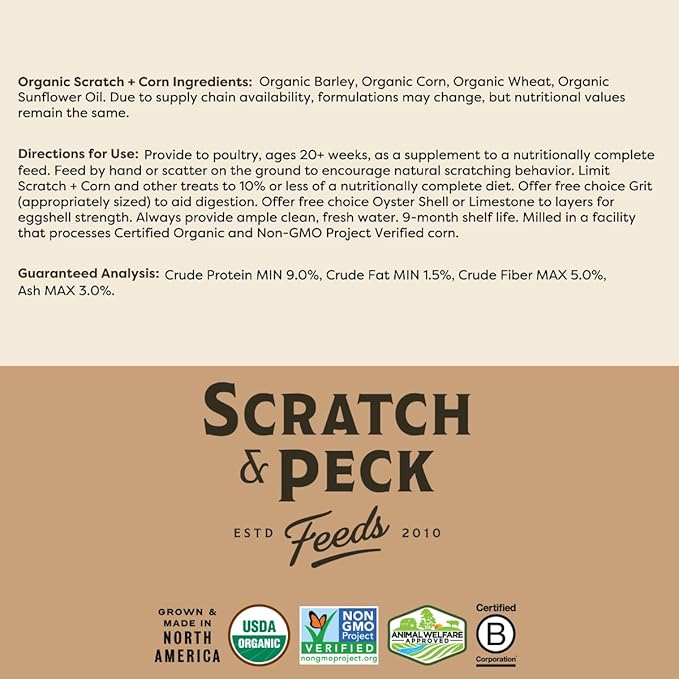 Scratch and Peck Whole Grain Scratch + Corn Chicken and Duck Supplemental Grain - 10 lbs Bag - Soy-Free - 9% Protein, Certified Organic and Non-GMO Project Verified Chicken Food