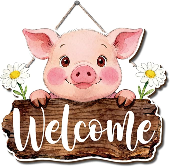 Farmhouse Wall Decor, Cute Pig Welcome Sign with Daisies, Rustic Wood Hanging Plaque, Watercolor Farm Animal Wall Art Painting Style, Country Kitchen or Porch Door Sign, 11.8x9.6 Inches