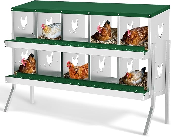 Metal Chicken Nesting Boxes, Heavy-Duty Galvanized Steel Egg Laying Box with 10 Compartments, Rustproof, Easy to Install & Clean, Wall-Mountable Design for Poultry Coops- Green with Stand