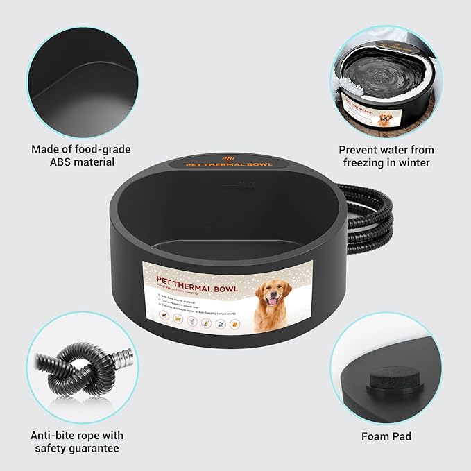 2.2L Heated Dog Bowl, Provides No Freeze Water, Pet Water Heater for Dogs/Cats/Chickens/Birds/Livestock, Black