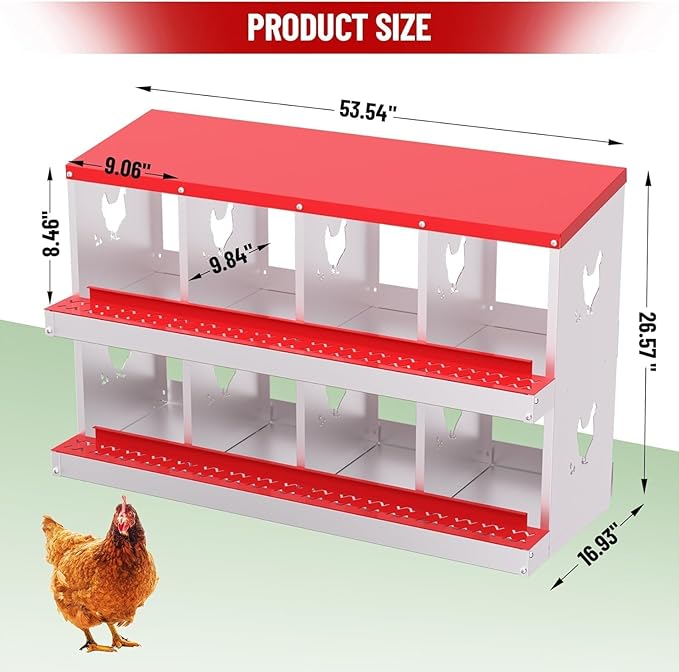 Metal Chicken Nesting Box, 8 Compartments, Rollout Egg Collection, Large Vented Holes, Perch Included, Wall Mount or Free Standing Laying Box for Hens and Chickens - Red