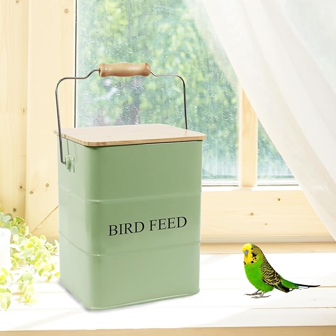 Morezi Bird treat and food storage tin with wooden lid and scoop included - green powder - carbon steel - birds food bin - pet food container storage canister