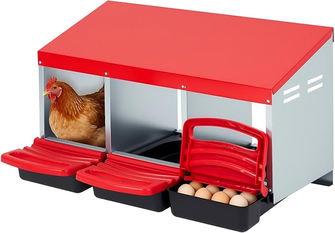 Chicken Nesting Boxes, 3 Hole Compartments Metal Chicken Egg Laying Box with Swing Perch and Roll Away Egg Collection for Chicken Coop
