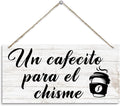 Coffee Bar Decor Sign, Un Cafecito Para el Chisme Decoration, Vintage Kitchen Decor, Funny Home Hanging Decors, Farmhouse Coffee Bar Decoration with Rope Hanging 12 x 6 Inches