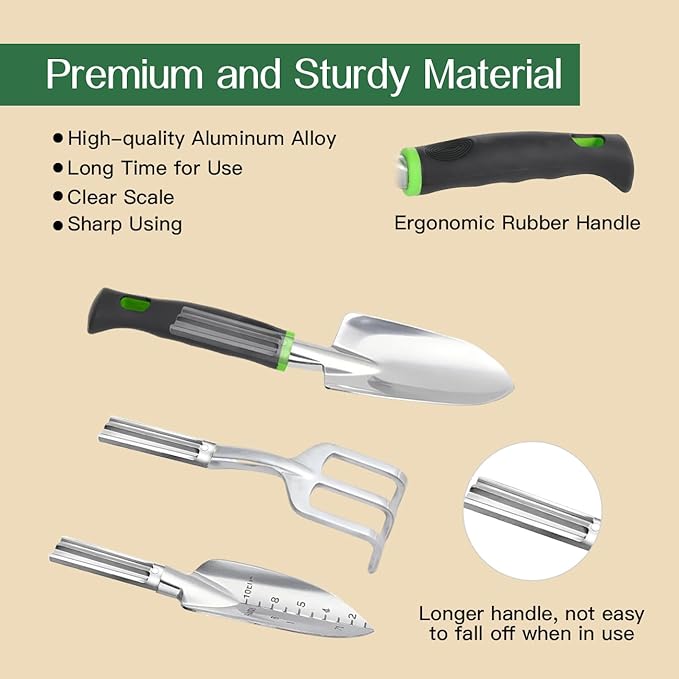 Housolution Gardening Tools Set, 8PCS Heavy Duty Garden Tools with Non-Slip Rubber Grip with Large Garden Bag for Tools Aluminum Alloy Hand Tools for Gardening,Gardening Gifts for Women and Men, Green
