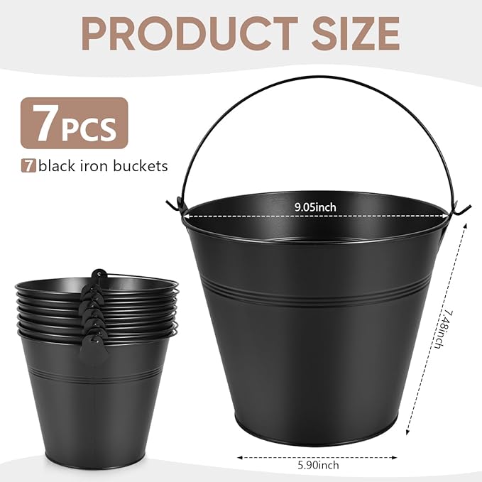 OBTANIM 7 Pack Black Metal Buckets with Handle Galvanized Ice Pails for Plants, Succulents, Party Favors Organizing, Rustic Home Decor or Classrooms Pencil Storage (9.1 x 6.7 inch)