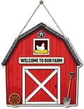 Farmhouse Wall Decor, Red Barn Welcome to Our Farm Sign with Chicken, Rustic Cartoon Painting Style Wood Hanging Plaque, Country Farmhouse Wall Art for Kitchen Porch or Entryway, 9.8x10.2 Inches