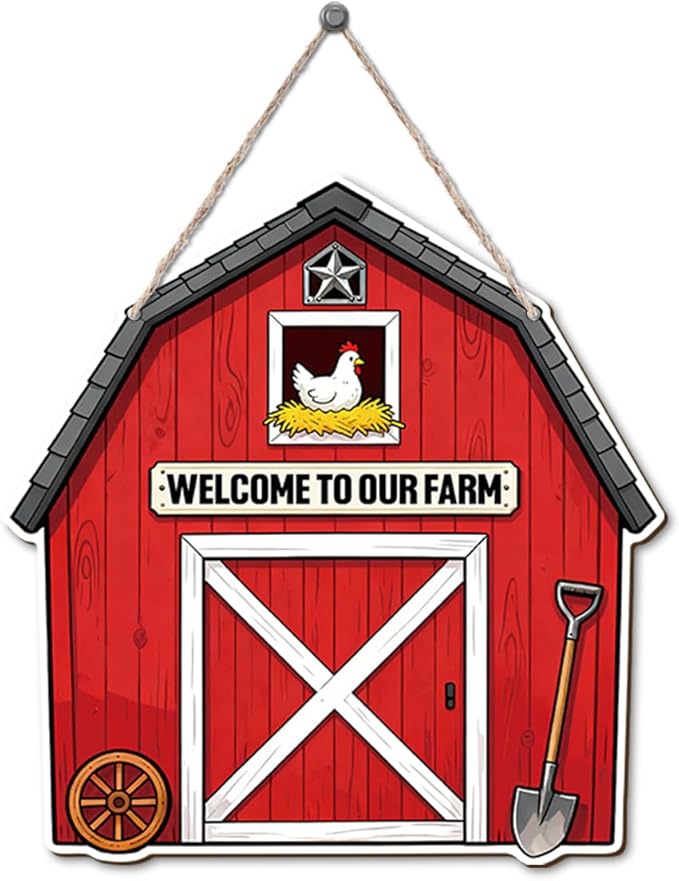 Farmhouse Wall Decor, Red Barn Welcome to Our Farm Sign with Chicken, Rustic Cartoon Painting Style Wood Hanging Plaque, Country Farmhouse Wall Art for Kitchen Porch or Entryway, 9.8x10.2 Inches