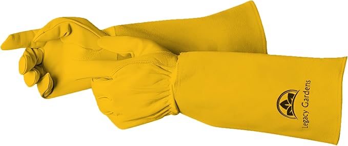 Leather Gardening Gloves for Women & Men, Long Garden Gloves, Cowhide Gauntlet Rose Pruning Thorn Resistant, Forearm Protection, XL, Yellow