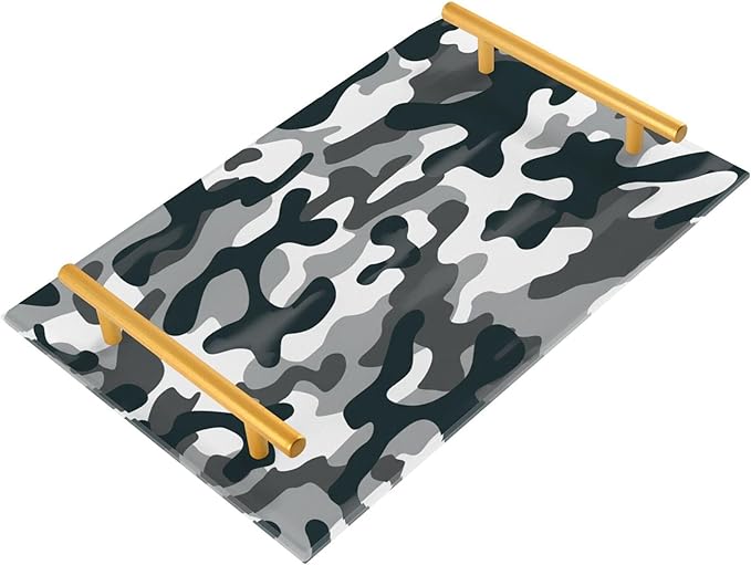 Bathroom Vanity Tray Counter Organizer, Camouflage Black White Pattern Decorative Tray with Handles Countertop Storage for Bathroom Bedroom Kitchen Home Farmhouse