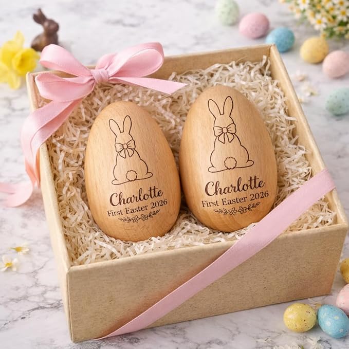 Personalized Wooden Easter Egg – Custom Engraved Bunny Name Egg, Baby First Easter Keepsake Gift, Rustic Wood Bunny Decor, Cute Basket Stuffer for Kids, Spring Holiday Gift for Baby Boy Girl/2