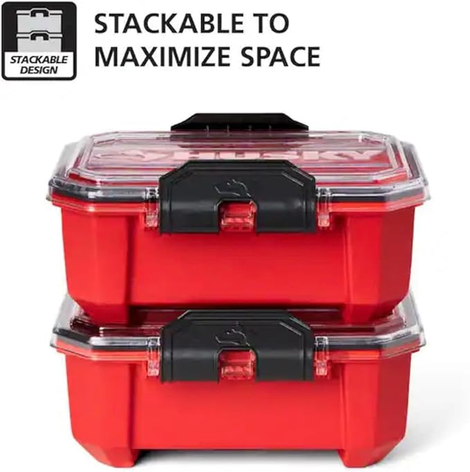 Professional Heavy Duty Waterproof Stackable Plastic Storage Container with Hinged Lid, Red, Rectangular, (0.8 Gal)