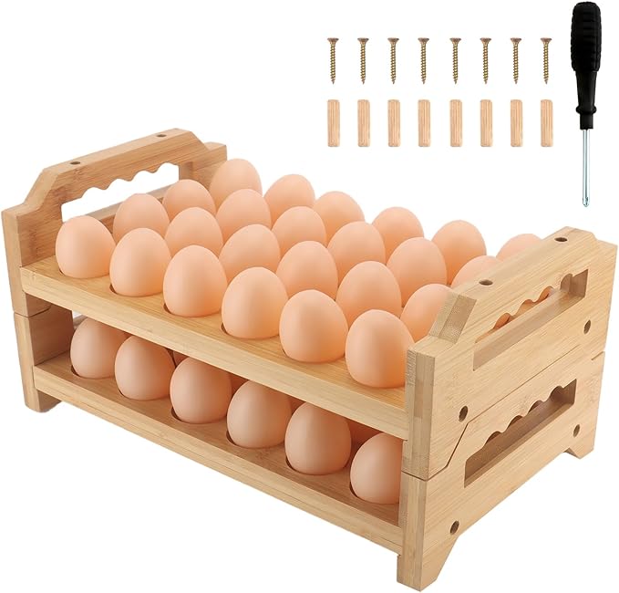 Egg Holder, 2 Tier Egg Holder Countertop, Bamboo Egg Organizer and Storage for Gathering 48 Fresh Eggs, Egg Stackable Stand Rack, Egg Basket for Kitchen Farmhouse