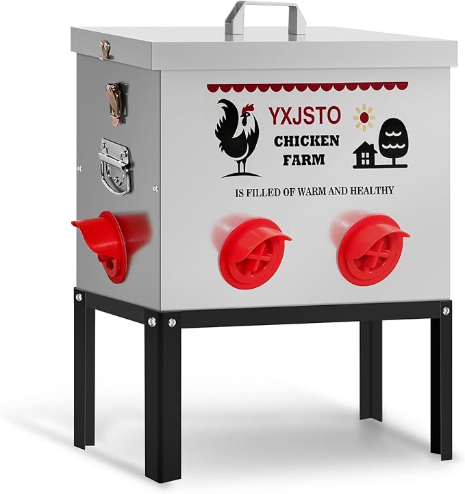 40LB Automatic Chicken Feeder with 6 Ports, Heavy Duty Metal No-Waste Poultry Feeder, Rustproof & Weatherproof Chicken Feeder with Adjustable Legs & Locking Lid