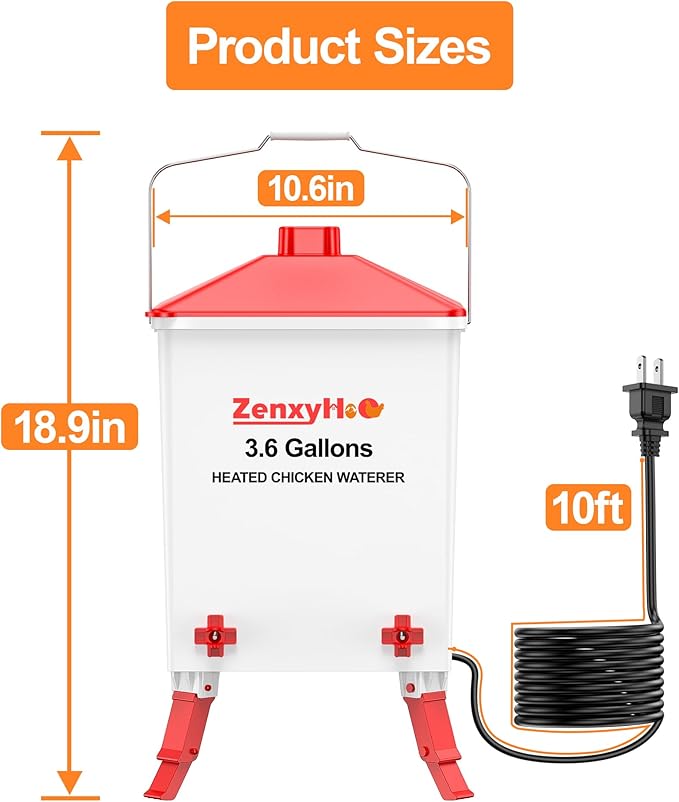 3.6 Gallons Heated Chicken Waterer Bucket for Winter, Chicken Water Heater with 4 Nipples and 10ft Power Cord