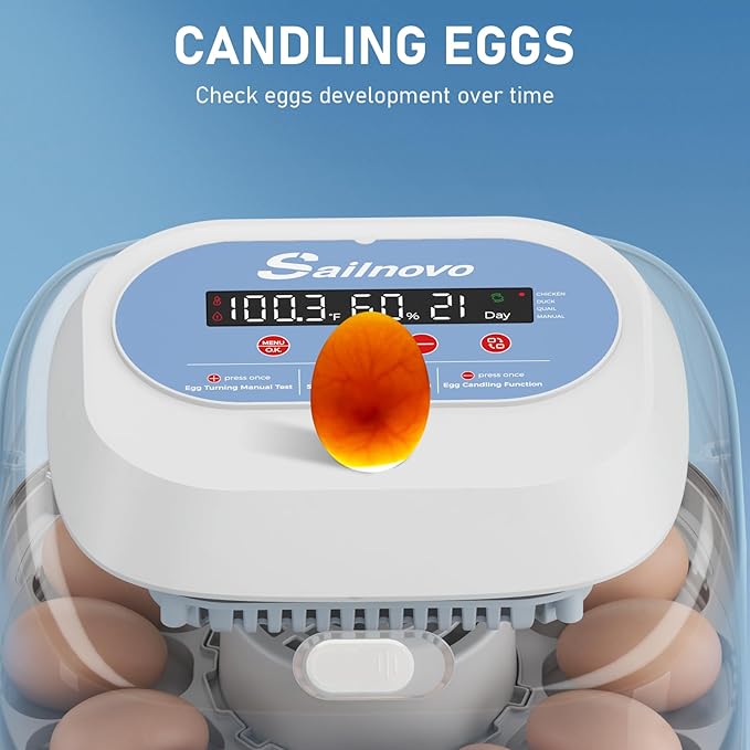 Sailnovo 12 Egg Incubator with Automatic Egg Turning and Humidity Display, 4 Modes Incubators for Hatching Eggs with Bulit-in Candler, 360° View Clear Window, for Chicken,Blue, 11x11x7.6 inch