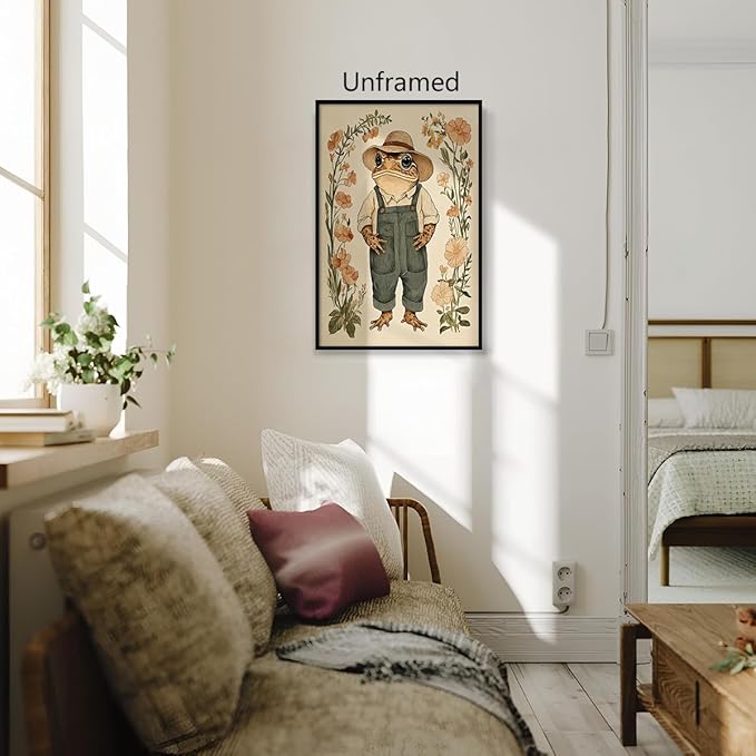 Nursery Animal Canvas Wall Art, Toad In Overalls Poster, Rustic Frog and Wild Flowers Painting, Cozy Folk Art Print, Farmhouse Animal Botanical Floral Painting for Kids Room 12x16in Wrapped Canvas
