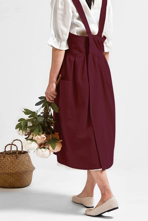 NEWGEM Cotton Linen Cross Back Apron for Women with Pockets Cute Kitchen Cooking Painting Aprons Purplish Red