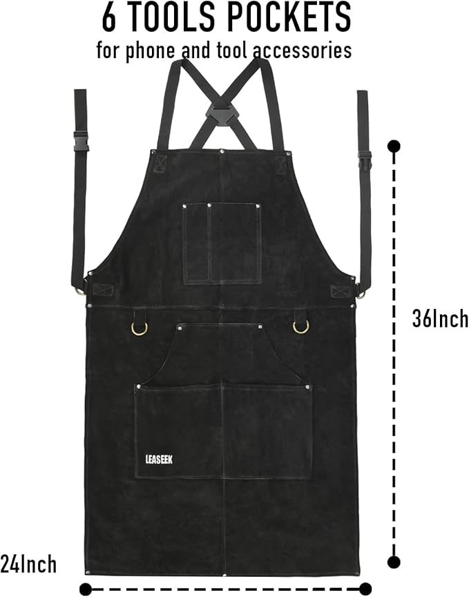 LeaSeek Leather Welding Apron,Heat & Flame-Resistant Heavy Duty Work Apron with 6 Pockets,Woodworking Shop Apron