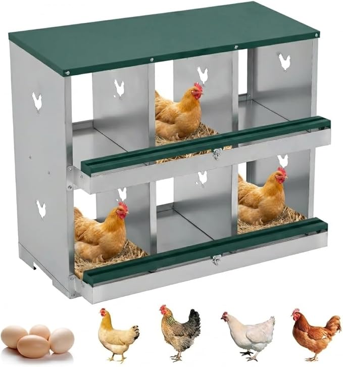 Chicken Nesting Box for Backyard Coop, 6 Compartment Two-Tier Egg Laying Box with Rollaway Design, Galvanized Steel Wall Mount with Vents for Easy Clean, Green