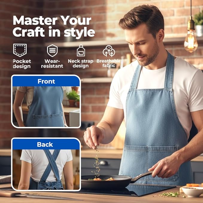 Apron with Pockets for Women and Men, Lightweight Cotton Jean Cross Back Apron with Front Pocket for Cooking Gardening