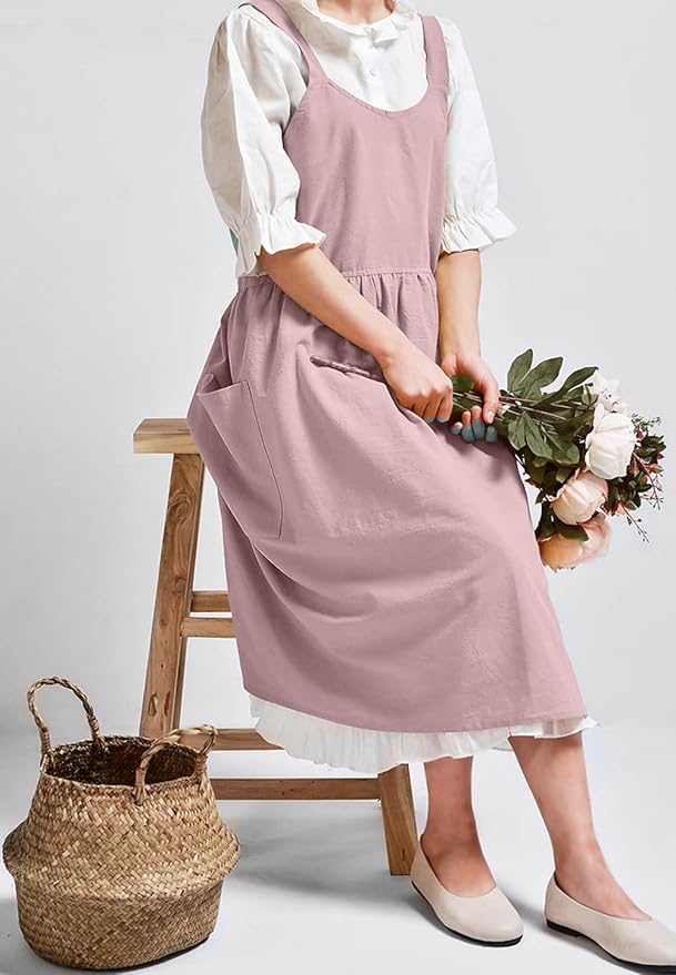 NEWGEM Cotton Cross Back Apron for Women with Pockets Cute Japanese Korean Criss Kitchen Aprons Pink