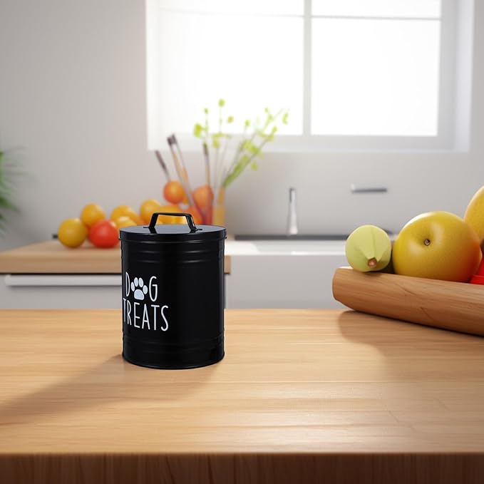 Dog Food Storage Container with Airtight Metal Lid, Rustic Pet Treat Holder Bin for Kitchen Counter, Black Sealed Grain Canister for Puppy Food