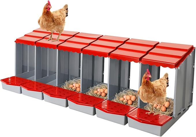Chicken Nesting Boxes 6 Compartment PP Nesting Box with Inclined Nesting Boxes & Vented Holes Wall Mount Chicken Laying Boxes for Chicken Coop (Red)