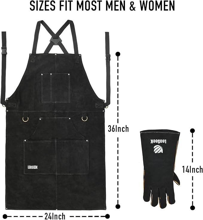 LeaSeek Leather Welding Apron,Heat & Flame-Resistant Heavy Duty Work Apron with 6 Pockets,Woodworking Shop Apron