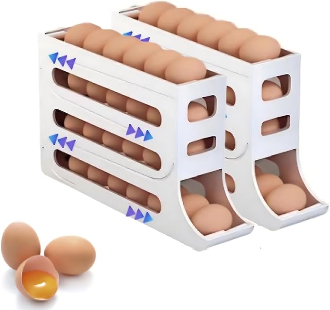 24 Eggs Egg Holder for Fridge,4 Tiers Egg Container,Auto-Rolling Organizer for Refrigerator,Space-Saving Egg Dispenser Holder,Fridge Egg Rack (White, 2pack)
