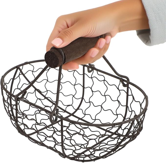 Rustic Wire Egg Basket for Fresh Eggs Gathering, Farmhouse Metal Eggs Holder with Wood Handle, Vintage Kitchen Countertop Storage Basket for Fruits Vegetables Bread, Black Wire