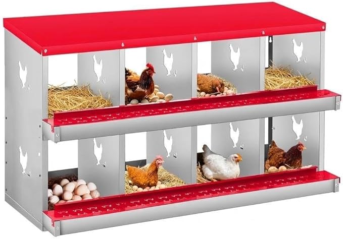 Nesting Boxes for Chickens, 8 Compartments, Nesting Boxes with 4 Dummy Eggs and 10 Dampproof Pets Mats, Red, Stainless Steel, Wall-Mountable & Roll Away Design