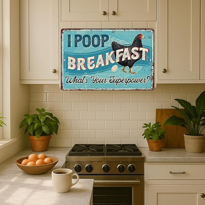 Funny Chicken Coop Signs,I Poop Breakfast Funny Farm,Vintage Metal Chicken Decor For Home Farm Yard Garden Kitchen Outdoor 8" x 12", Retro Turquoise Tin Signs