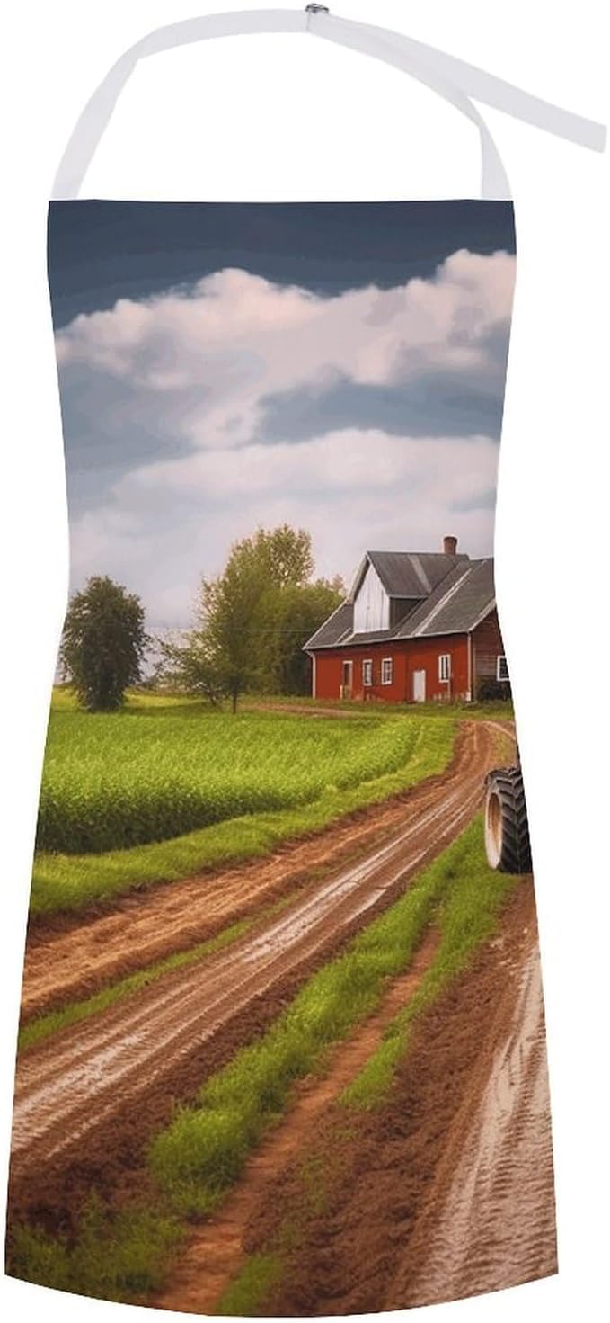 Country Road with Farm And Tractor Chef Apron for Men Women with 2 Pockets Water & Oil Resistant Bib Aprons Adjustable Neck Strap & Long Ties Work Apron for Cooking Grilling Serving Crafts Gardening