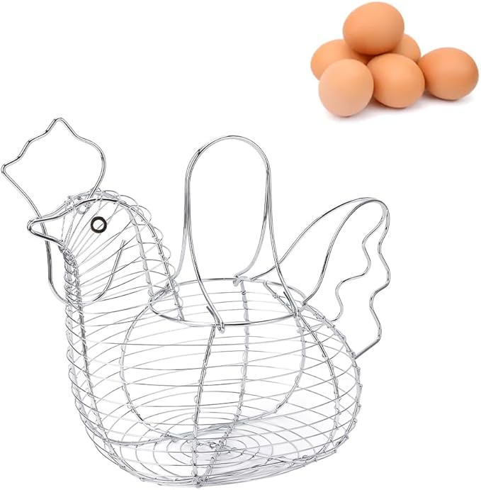 Chicken Egg Basket,Chicken Hen Shaped Wire Egg Storage Basket Holder Rack,Wire Egg Collecting Basket with Handle,Metal Table Top Snacks Organizer Kitchen Gadget (As Shown)