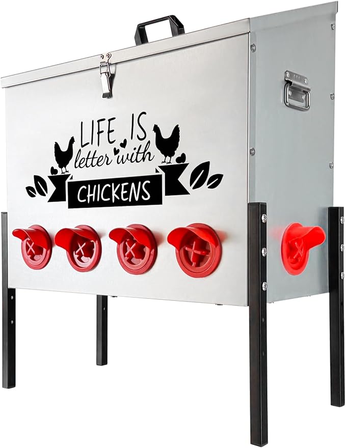 Automatic Chicken Feeder 95LB Large Capacity Poultry Feeders with 10 No Waste Feeding Ports Galvanized Metal Feeder Box with Adjustable Legs Locking Lid and Handles for Outdoor