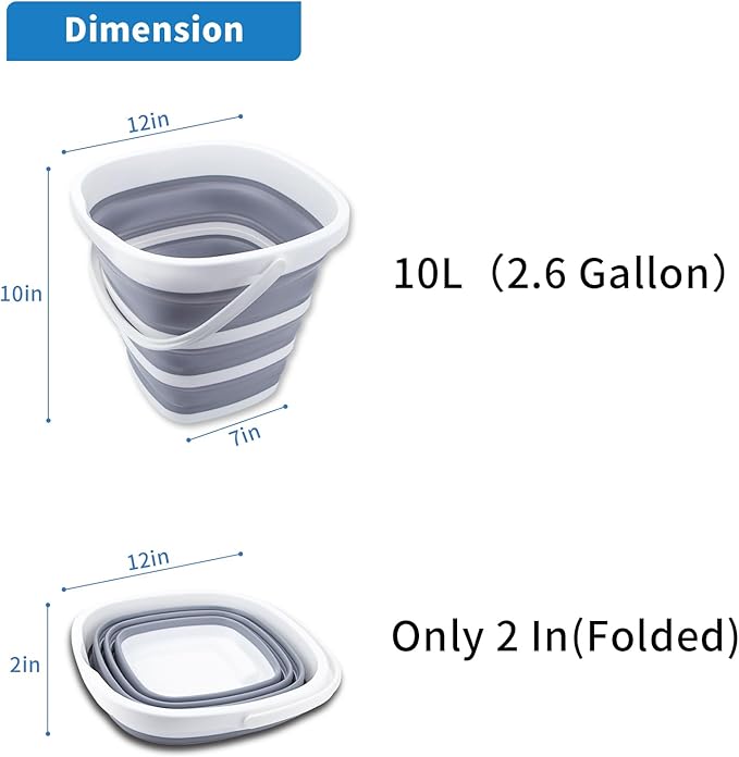 2 Pack Collapsible Buckets 10L 2.6 Gallon Cleaning Bucket Mop Bucket Folding Foldable Portable Small Plastic Water Supplies for Outdoor Garden Camping Fishing Car Wash Space Saving Square