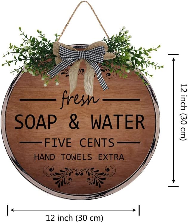 Farmhouse Bathroom Wall Decor Antique Frame Round Wooden Sign Vintage Decor for Toilet Restroom Restroom Hanging Sign Fresh Soap And Water 12 X 12 Inch