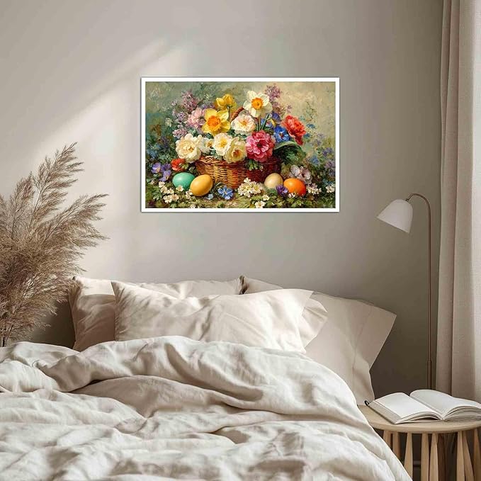 MNFGMH Easter Pictures Wall Decor Flower Baskets and Easter Eggs Spring Botanical Canvas Art Easter Pictures for Wall Farmhouse Style Artwork Canvas Roll 20x30 inch