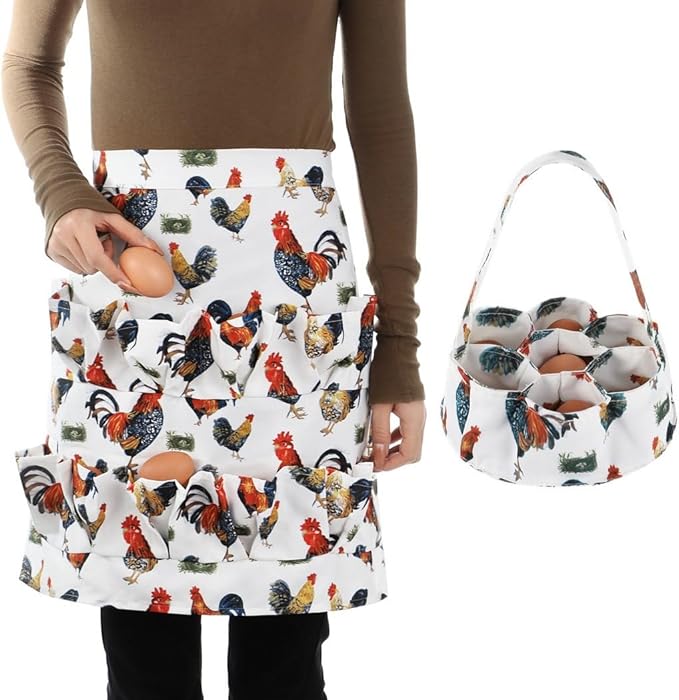 Egg Collecting Apron & Basket, Canvas Set With 12-Pocket Apron And 7-Pocket Basket, Perfect For Collecting Eggs From Chickens, Ducks, Geese