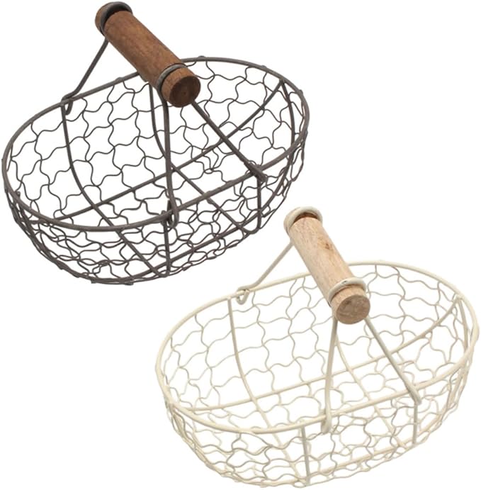 2pcs Vintage Farmhouse Style Wire Fruit and Bread Basket with Wooden Handles Multi-function Kitchen Storage Basket for Eggs and Snacks Gray and Cream for Countertop Organization