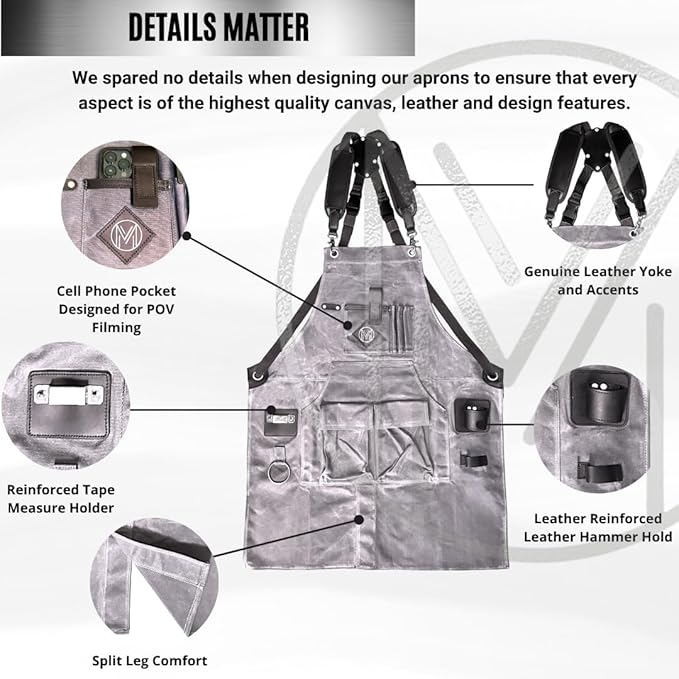 Mt Diablo 16oz - Woodworking Apron - Work Apron with Duck Weave Paraffin Waxed Canvas, Genuine Leather - Fits XS-XL