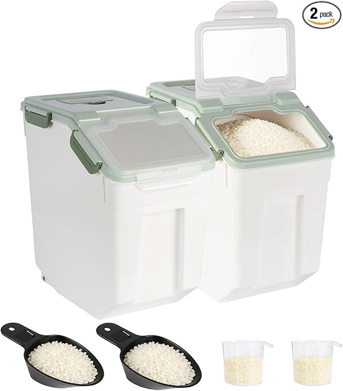 2 Pack Rice Container 25 lbs Large Bulk Flour Sugar Storage Holdhouse Plastic Grain Cereal Dry Goods Bin with Spoon and Measuring Cup for Kitchen Pantry Organization - Green