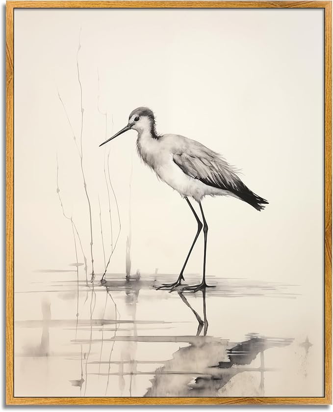 Framed Vintage Bird Wall Art Antique Animal Paintings Neutral Animal Pictures Abstract Stork Poster Rustic Farmhouse Artwork Rustic Sketch Wall Art Retro Lake Poster for Bedroom Wall Decor 8x10inch